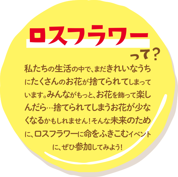 ロストフラワーって？私たちの生活の中で、まだきれいなうちにたくさんのお花が捨てられてしまってるんだよ。みんなが、もっと、お花を飾って楽しんだら…捨てられちゃう花がなくなるかもね！そんな未来のために、ロスフラワーに命をふきこむイベントに、ぜひ参加してみよう！