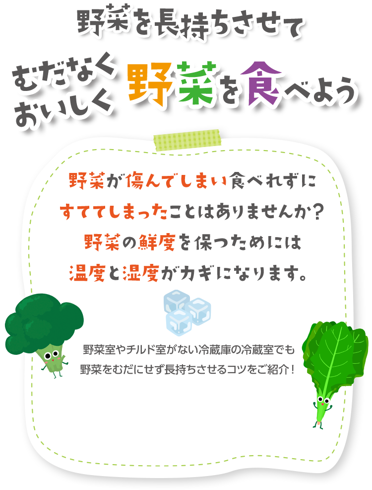 野菜を長持ちさせてむだなくおいしく野菜を食べよう 野菜が傷んでしまい食べれずにすててしまったことはありませんか？野菜の鮮度を保つためには温度と湿度がカギになります。 野菜室やチルド室がない冷蔵庫の冷蔵室でも野菜をむだにせず長持ちさせるコツをご紹介！